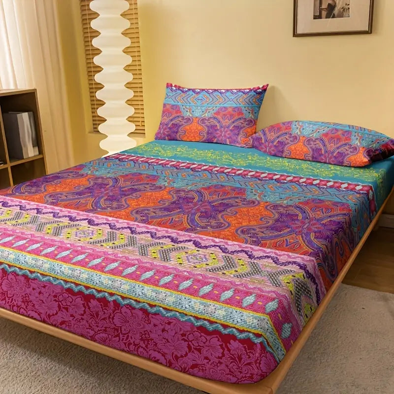 3-piece Soft and Comfortable Boho Fitted Sheet Set with Colorful Bohemian Design