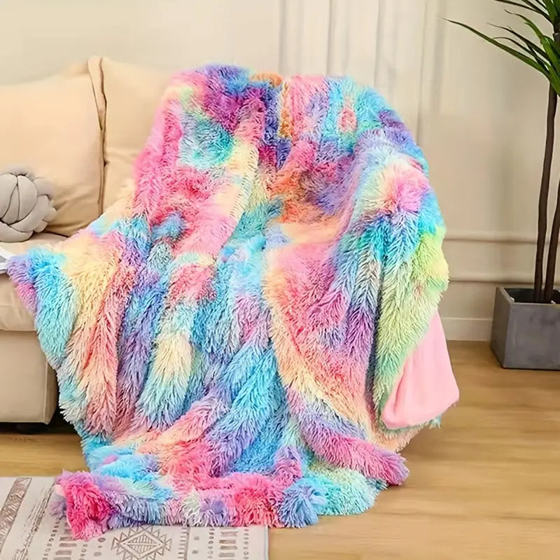 🔥Last Day 69% OFF - 2024 Fall/Winter Faux Fur Fluffy Rainbow Tie-Dye Throw Blanket