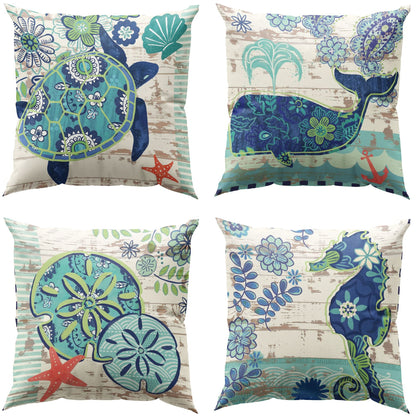 4-piece Vintage Mediterranean Style Marine Life Cushion Cover Pillowcase