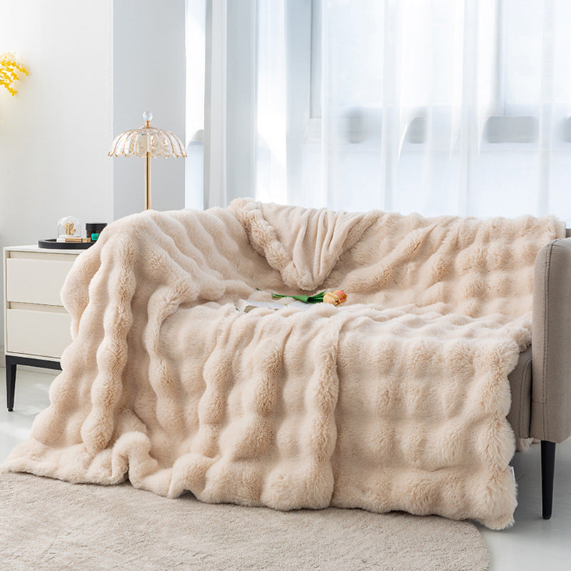 2024 Fall/Winter Luxurious Faux Rabbit Fur Bubble Fleece Warm Cozy Blanket for Bed Couch Sofa