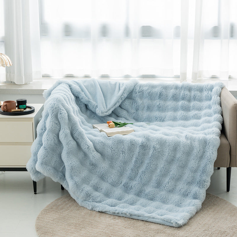 2024 Fall/Winter Luxurious Faux Rabbit Fur Bubble Fleece Warm Cozy Blanket for Bed Couch Sofa