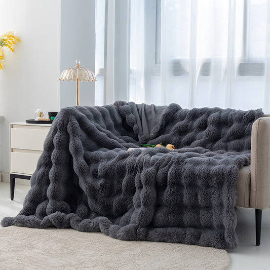 2024 Fall/Winter Luxurious Faux Rabbit Fur Bubble Fleece Warm Cozy Blanket for Bed Couch Sofa