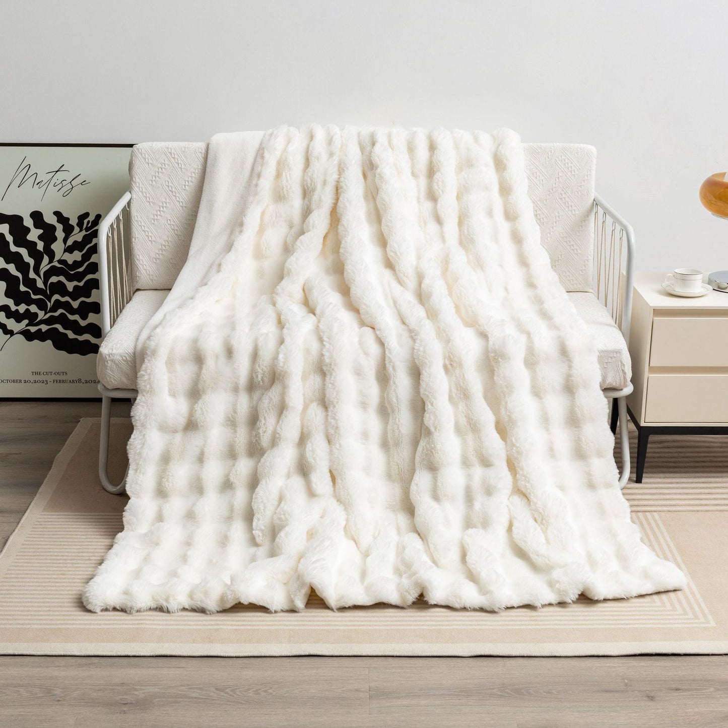 2024 Fall/Winter Luxurious Faux Rabbit Fur Bubble Fleece Warm Cozy Blanket for Bed Couch Sofa