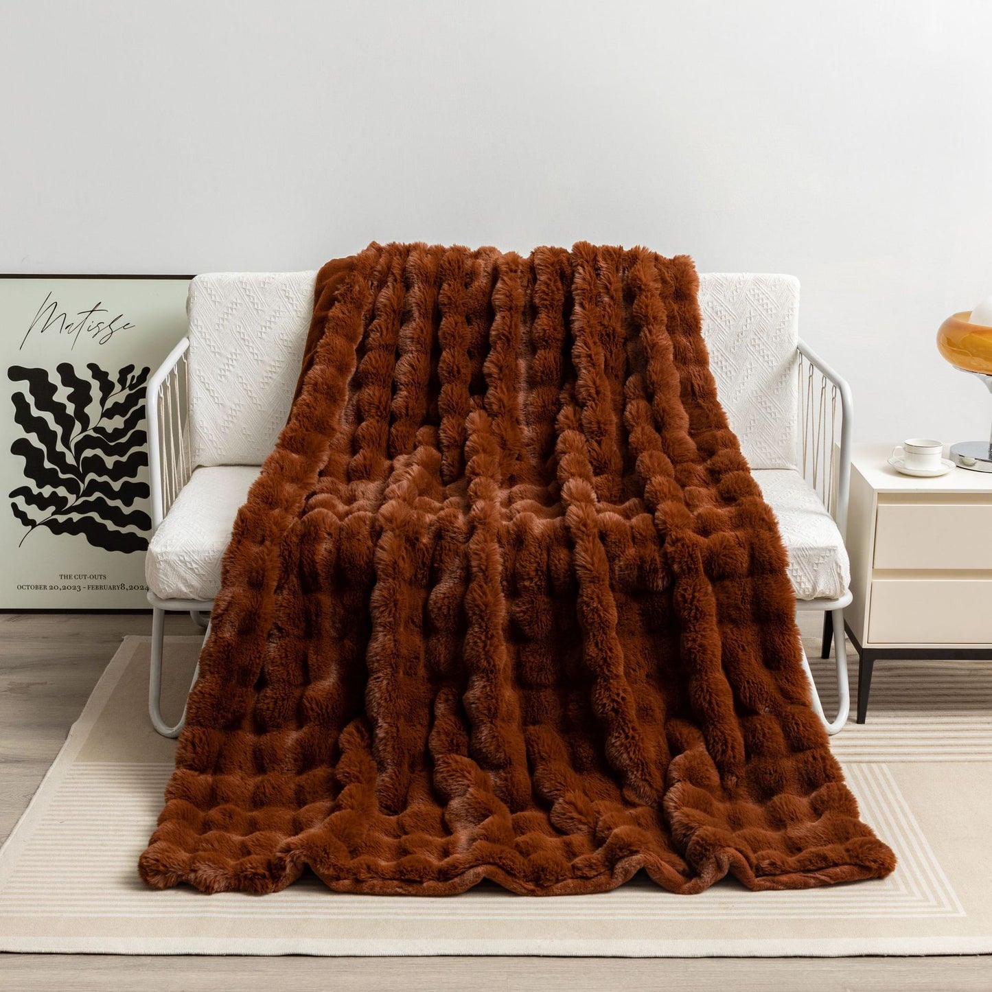 2024 Fall/Winter Luxurious Faux Rabbit Fur Bubble Fleece Warm Cozy Blanket for Bed Couch Sofa