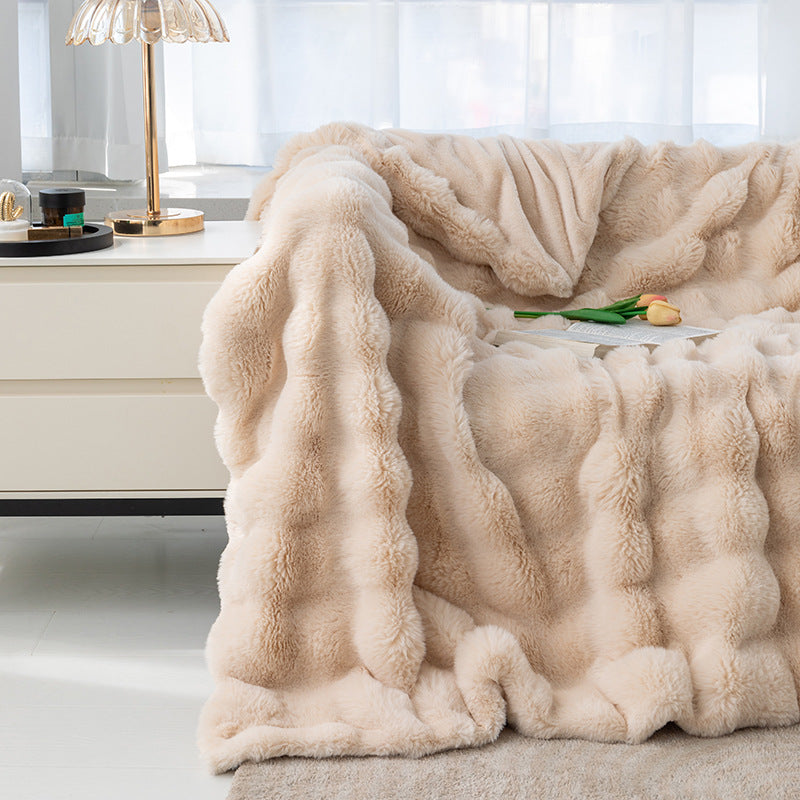 2024 Fall/Winter Luxurious Faux Rabbit Fur Bubble Fleece Warm Cozy Blanket for Bed Couch Sofa