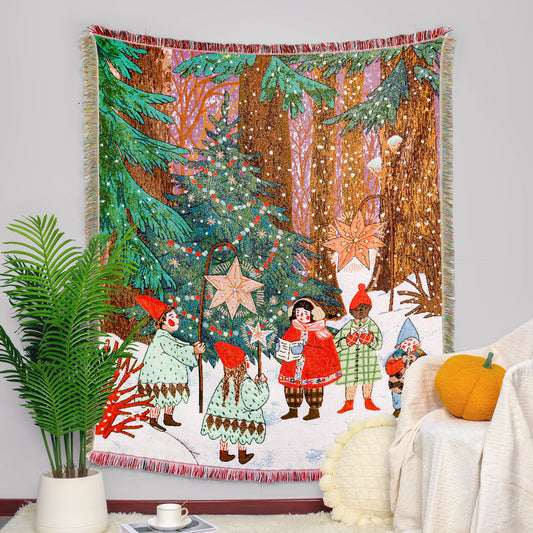 Merry Christmas Reindeer Tapestry Xmas Carol Throw Blanket with Tassel