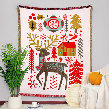 Merry Christmas Reindeer Tapestry Xmas Carol Throw Blanket with Tassel