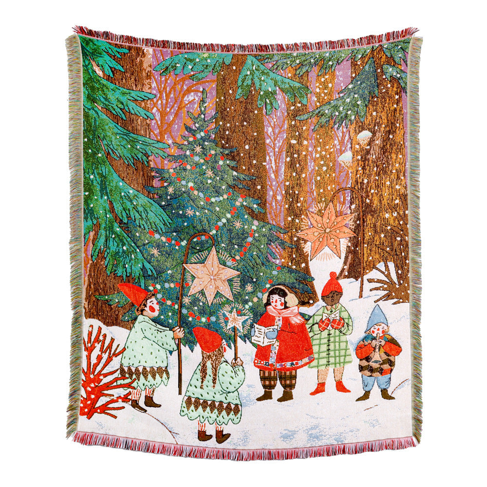 Merry Christmas Reindeer Tapestry Xmas Carol Throw Blanket with Tassel