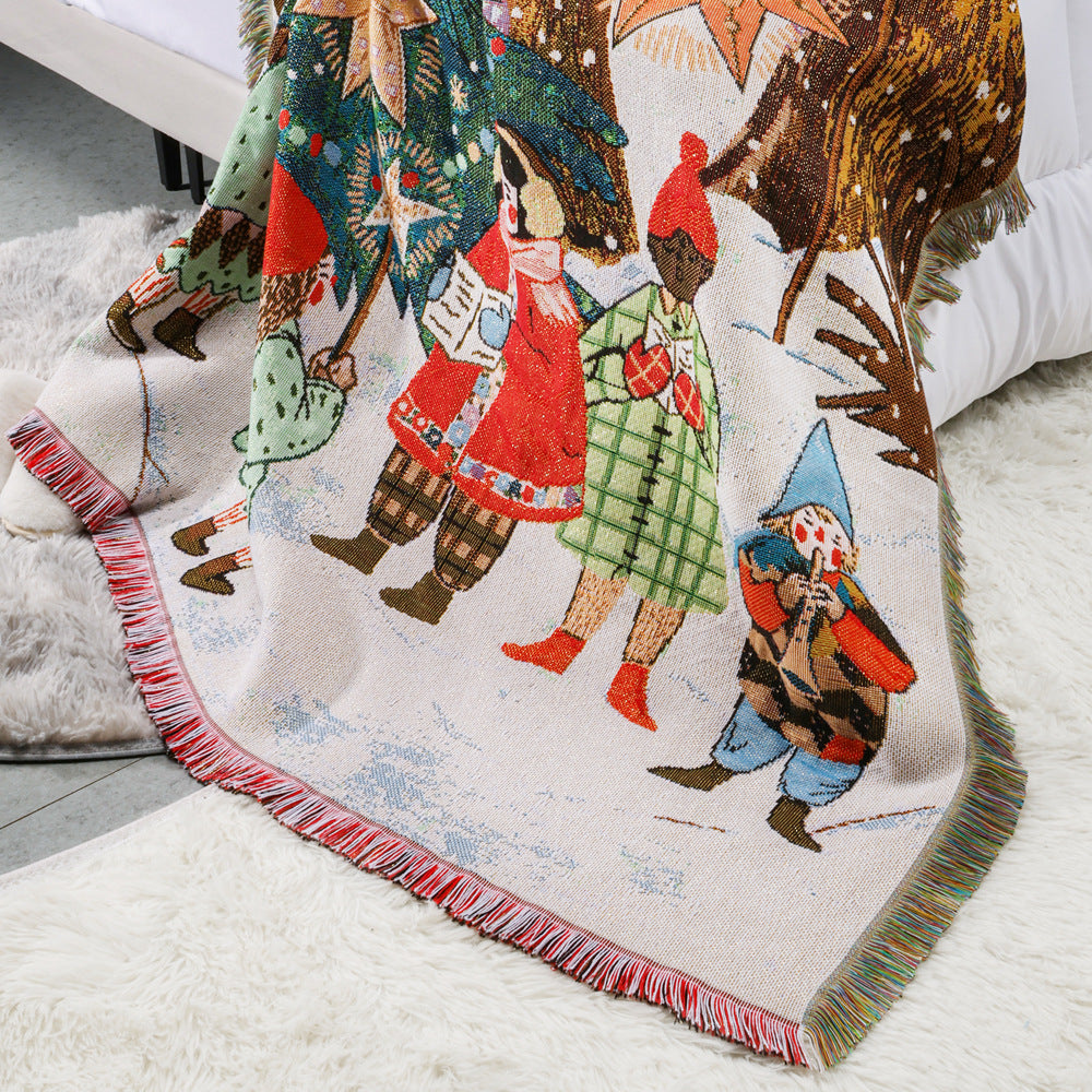 Merry Christmas Reindeer Tapestry Xmas Carol Throw Blanket with Tassel