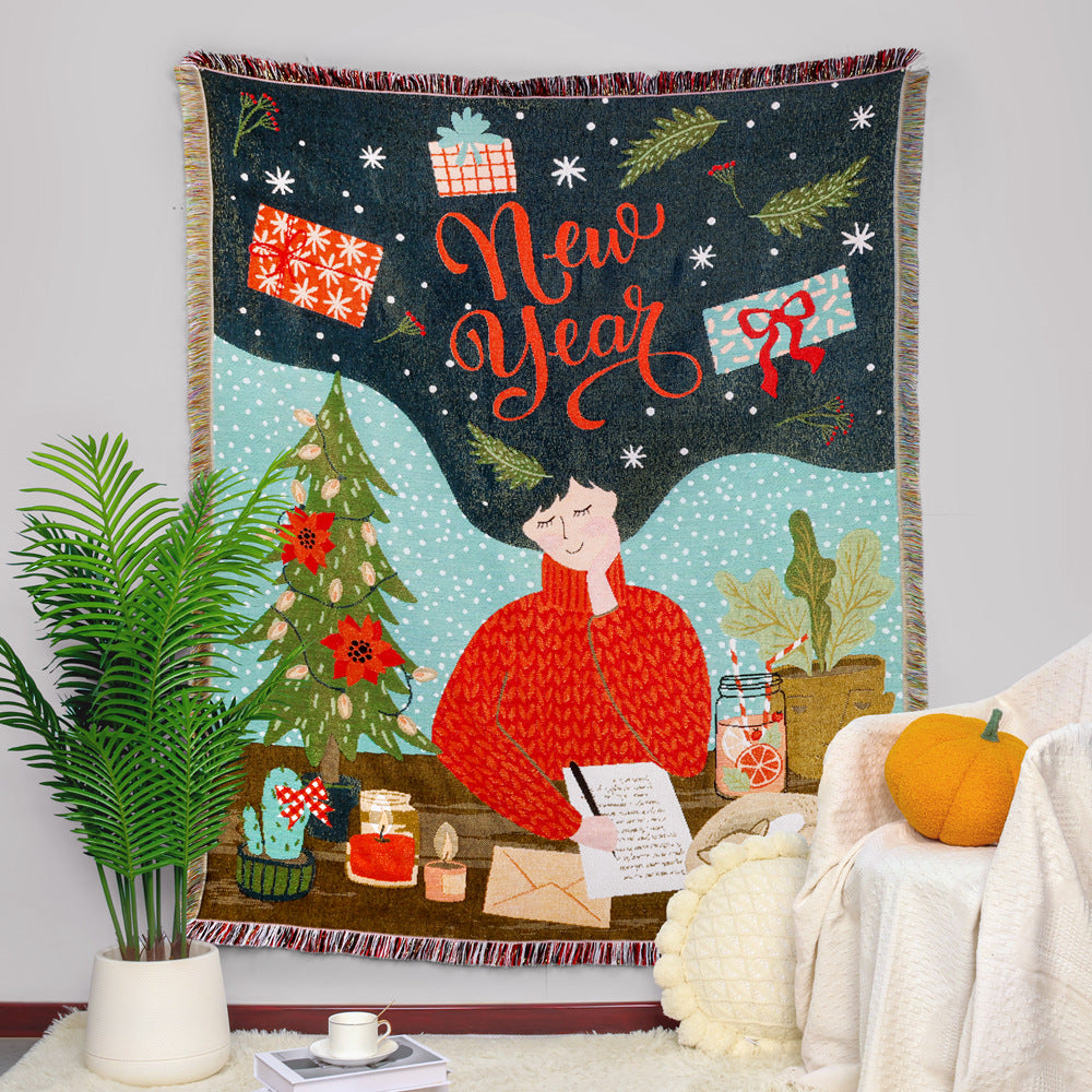 Merry Christmas Reindeer Tapestry Xmas Carol Throw Blanket with Tassel