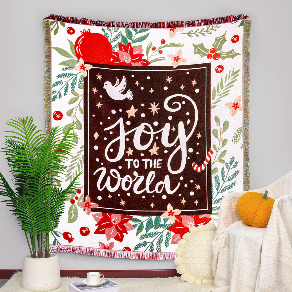 Merry Christmas Reindeer Tapestry Xmas Carol Throw Blanket with Tassel