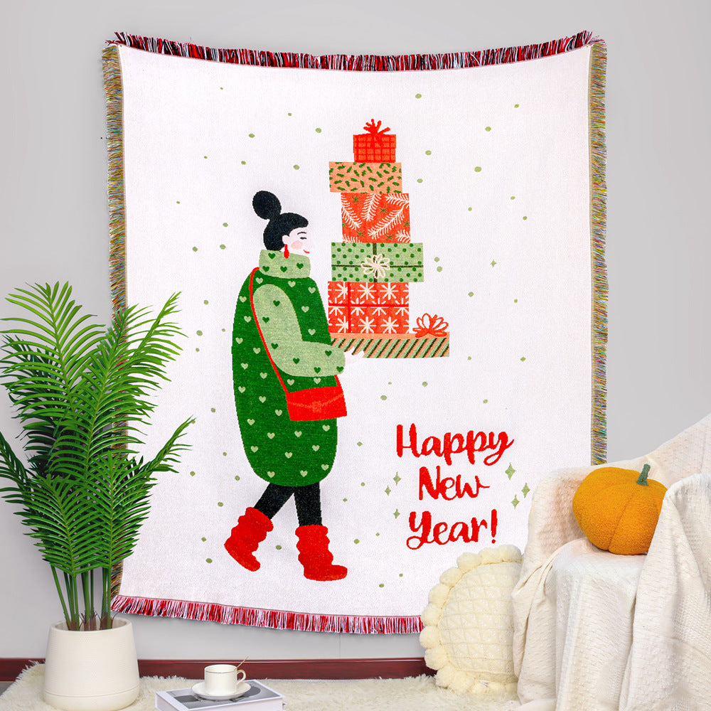 Merry Christmas Reindeer Tapestry Xmas Carol Throw Blanket with Tassel