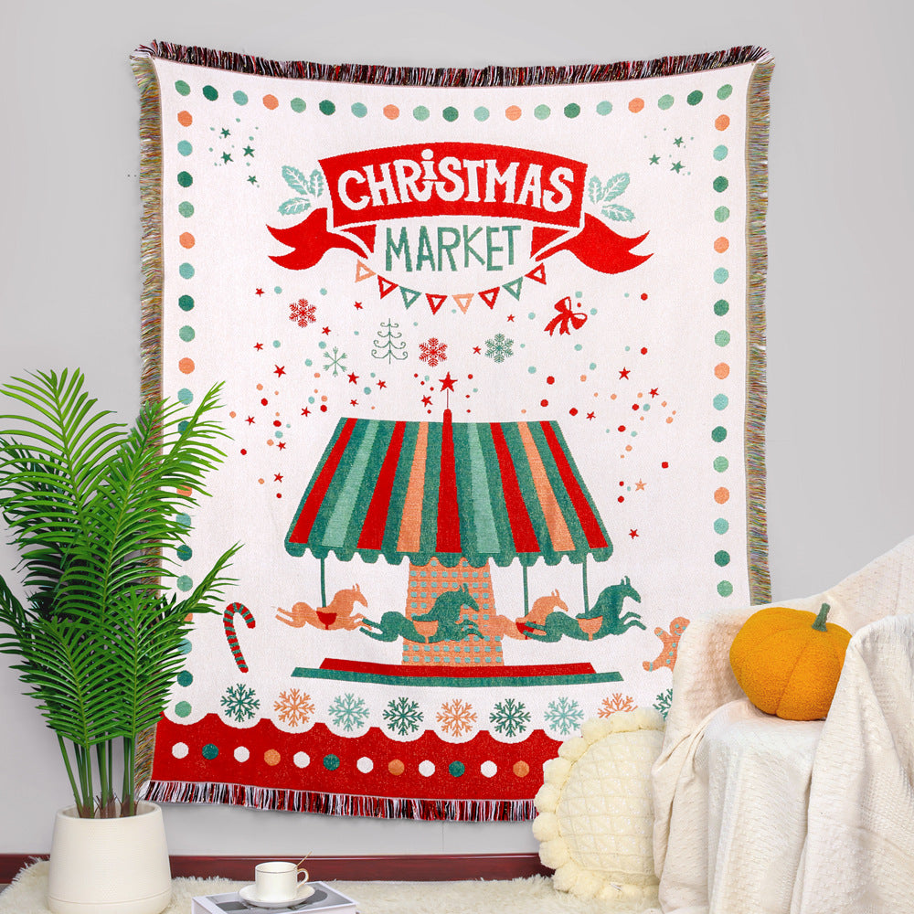 Merry Christmas Reindeer Tapestry Xmas Carol Throw Blanket with Tassel