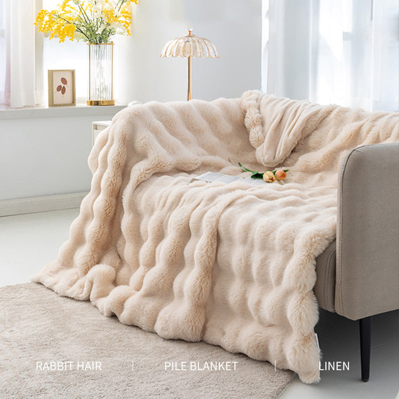 2024 Fall/Winter Luxurious Faux Rabbit Fur Bubble Fleece Warm Cozy Blanket for Bed Couch Sofa