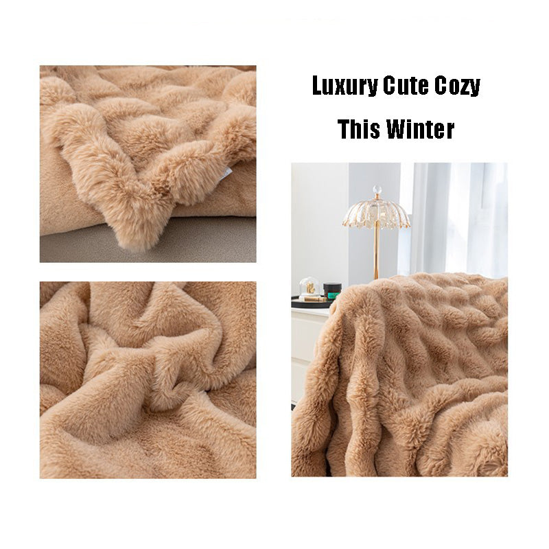 2024 Fall/Winter Luxurious Faux Rabbit Fur Bubble Fleece Warm Cozy Blanket for Bed Couch Sofa