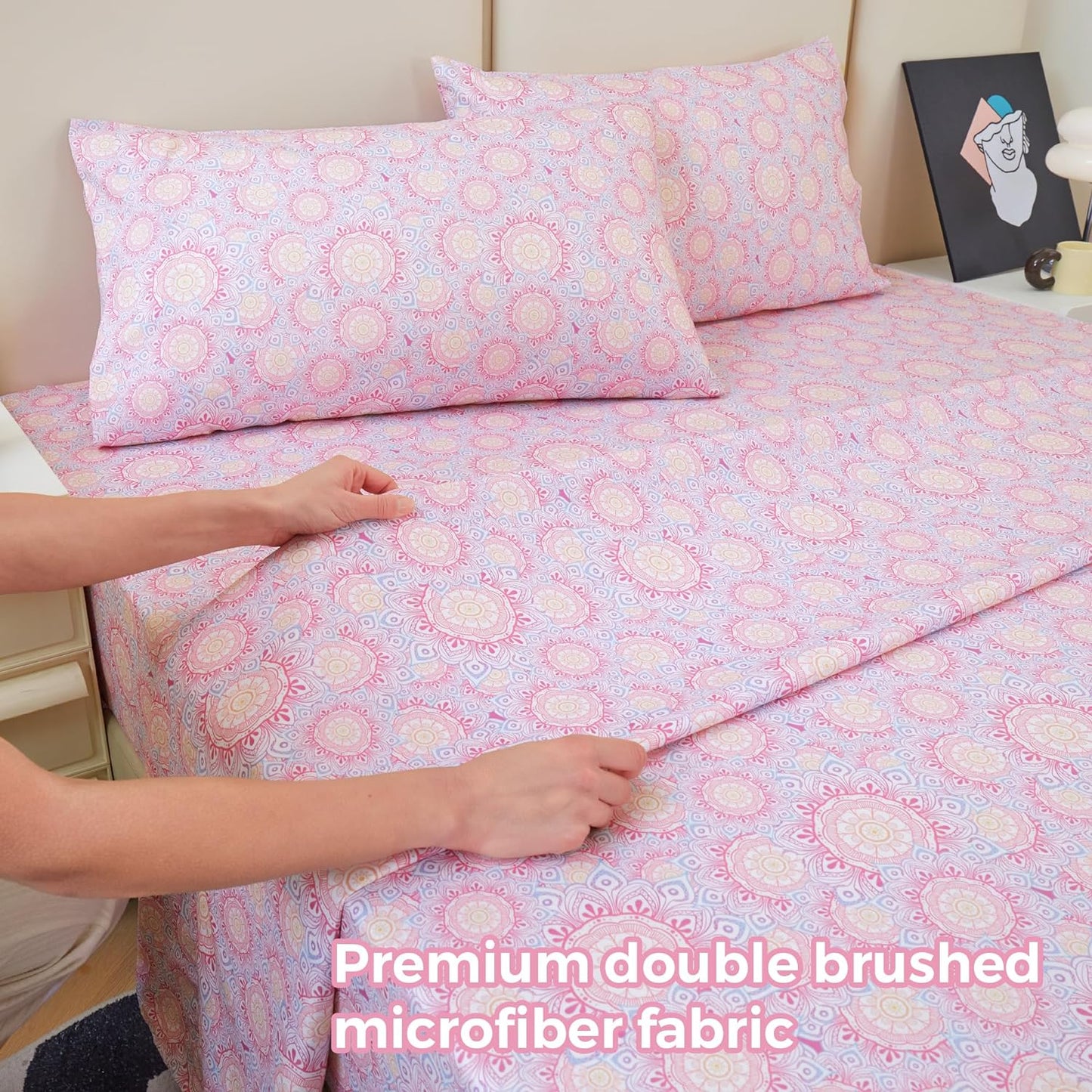 Bedmoon 4-piece Microfiber Bedding Set Breathable Bed Sheet Floral Printed Fitted Sheet