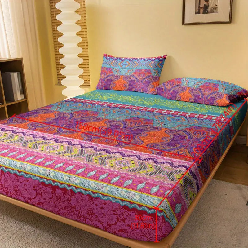 3-piece Soft and Comfortable Boho Fitted Sheet Set with Colorful Bohemian Design