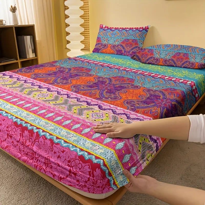 3-piece Soft and Comfortable Boho Fitted Sheet Set with Colorful Bohemian Design